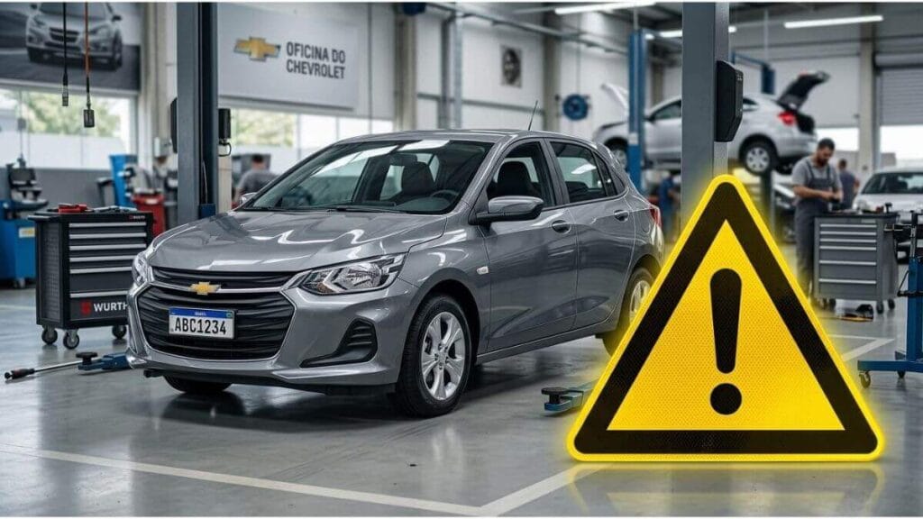 Sinal de alerta amarelo de trânsito em primeiro plano com um Chevrolet Onix cinza estacionado em uma oficina mecânica ao fundo.