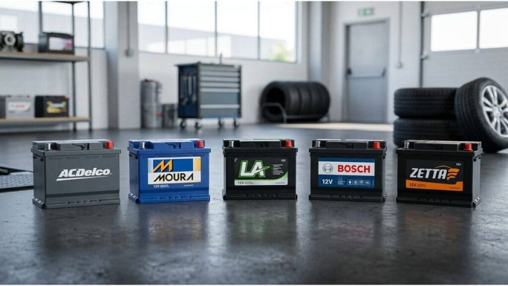 Baterias automotivas de marcas renomadas como ACDelco, Moura, LA, Bosch e Zetta alinhadas em uma oficina para substituição no Chevrolet Onix.