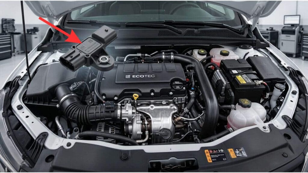 Cofre do motor de um Chevrolet Onix com capô aberto em uma oficina, exibindo o sensor MAP em destaque flutuando no canto superior esquerdo da imagem.