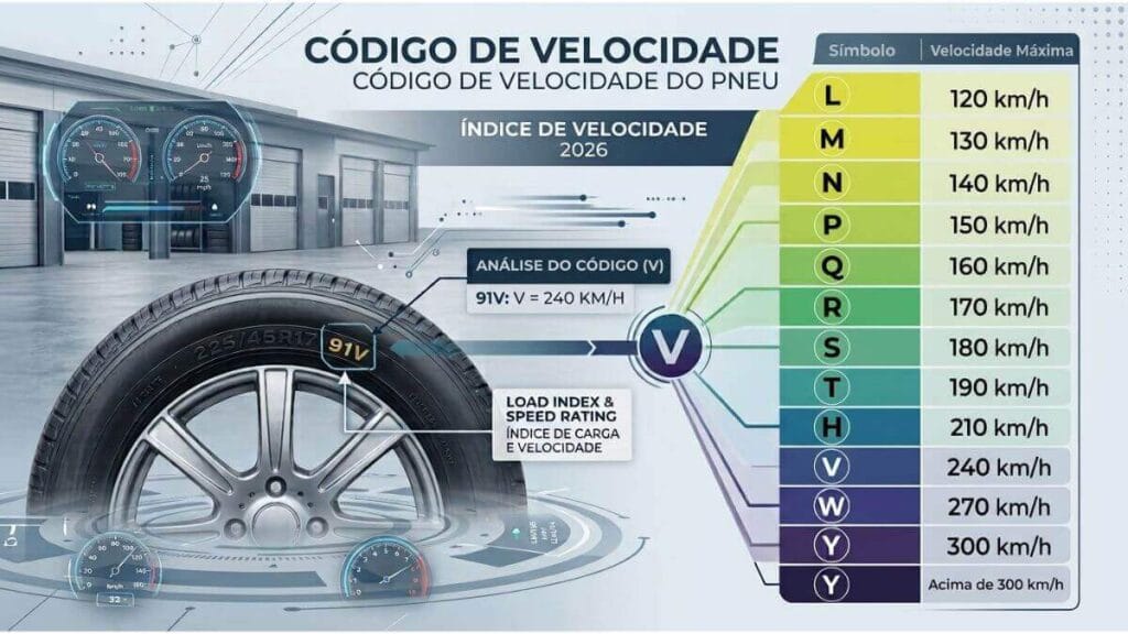 Infográfico profissional mostrando um pneu com a marcação 91V em destaque na oficina mecânica, e uma tabela colorida à direita listando os códigos de velocidade de L a Y e suas respectivas velocidades máximas em km/h, ilustrando o que é o índice de velocidade do pneu.