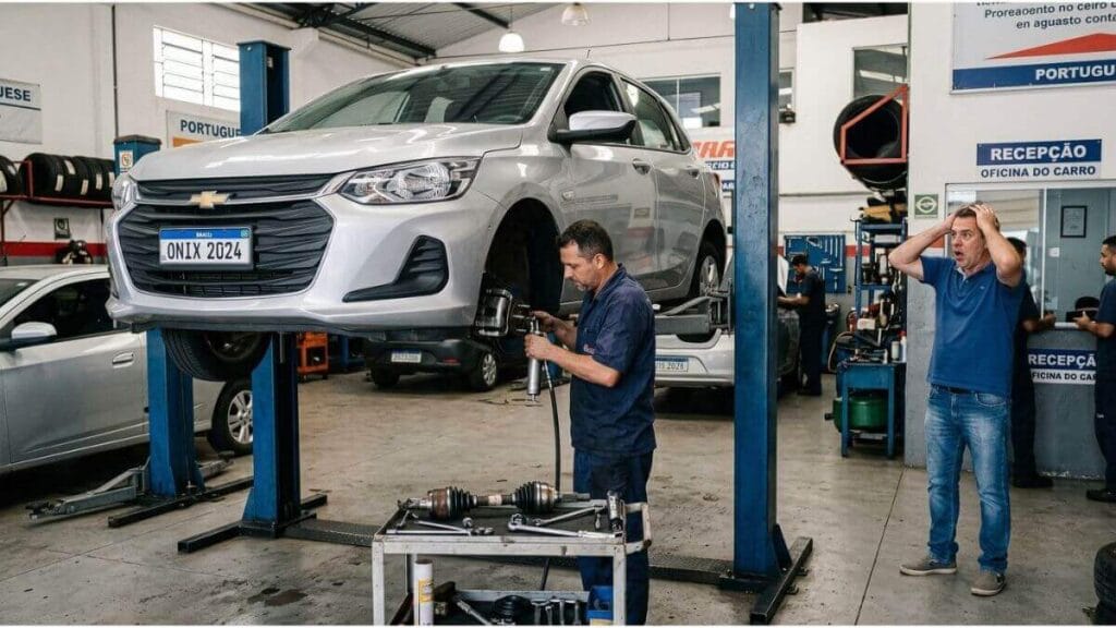 Dono de carro surpreso e abismado em oficina mecânica com as mãos na cabeça enquanto mecânico troca junta homocinética de Chevrolet Onix.