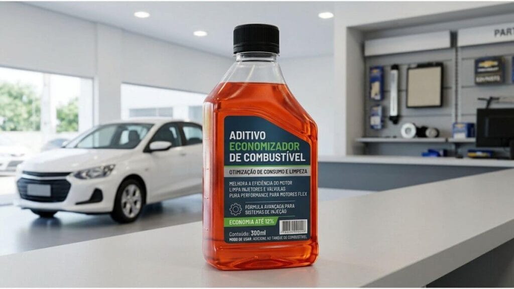 Frasco transparente de aditivo de combustível com líquido alaranjado sobre o balcão de uma oficina, com um carro branco ao fundo.